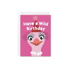 Grappige struisvogel minikaart cadeau bijlage kaart roze wilde verjaardagskaart, leuke verjaardagskaart, kaart grote wimpers, BFF verjaardag, vriendin verjaardag