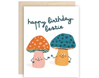 Happy Birthday Bestie Card, Cute Mushrooms Card, Best Friend Birthday Card