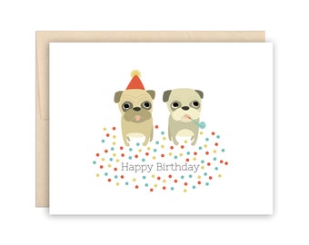 Funny Pug Card - Cute Pug Birthday Greeting Card - Party Pug Card - 2 Pug Card, Funny Birthday Card, card for him, card for her