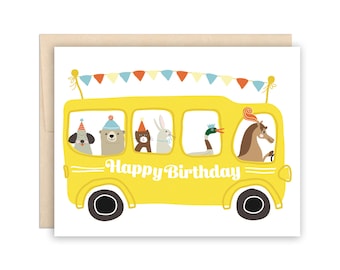 Cute Kids Birthday Card - Birthday Bus Greeting Card, Birthday Card for Boys, for Girls, for Children, Big Yellow Party Bus Card