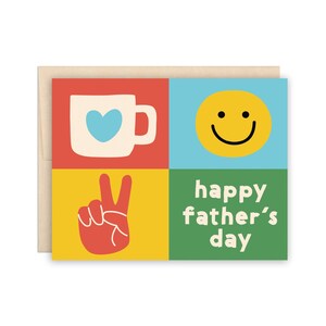 Tarjeta linda para el Día del Padre con diseño de cuadrícula, con café, cara feliz y símbolo de la paz.
