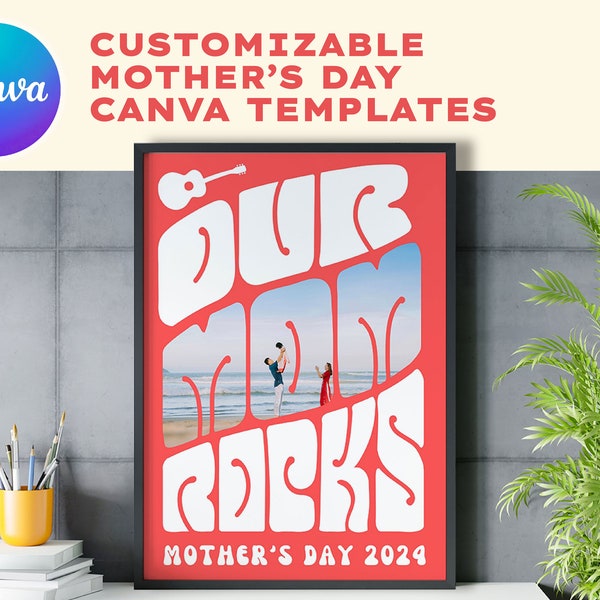 Customizable Hippy Mother's Day Canva Template. "Our Mom Rocks." Editable Drag and Drop Frames. Psychedelic lettering.