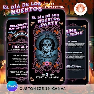 Invitación para fiesta del Día de los Muertos, invitación para el Día de los Muertos, bricolaje digital, edición en Canva, cóctel editable para WhatsApp, historia de Instagram