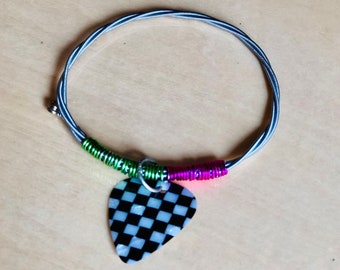 Recycled Guitar String Bracelet: Checkered Pick Charm, Handmade Bangle