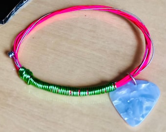 Recycled Guitar String Bracelet: Handmade Bangle with Pearl Pick Charm