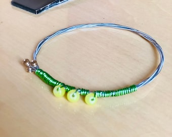 Guitar String Bracelet, Glass Beads, Bangle Custom, Hand Made, Gift, Musician, Music, Concert, Festival