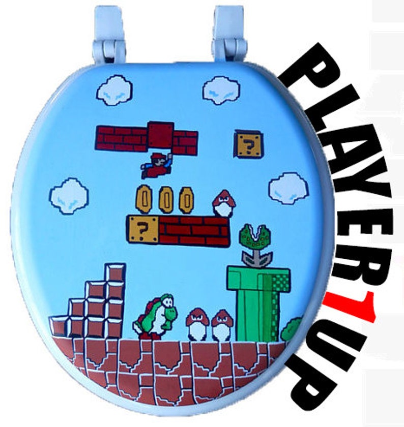 Mario Hand Painted Toilet Seat Nintendo 8 Bit Geekery Video Game Arcade Dad Grad Wedding Gift Bathroom Wall Art Decor Remodel image 2