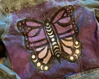 Hand Painted Butterfly Jean Jacket Hippie Moon Goddess Festival