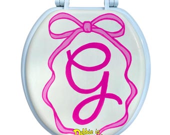 Hand Painted Custom Monogram Toilet Seat Ribbon Bow Wedding Anniversary Coquette Bathroom Decor