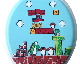 Mario Hand Painted Toilet Seat Nintendo 8 Bit Geekery Video Game Arcade Dad Grad Wedding Gift Bathroom Wall Art Decor Remodel