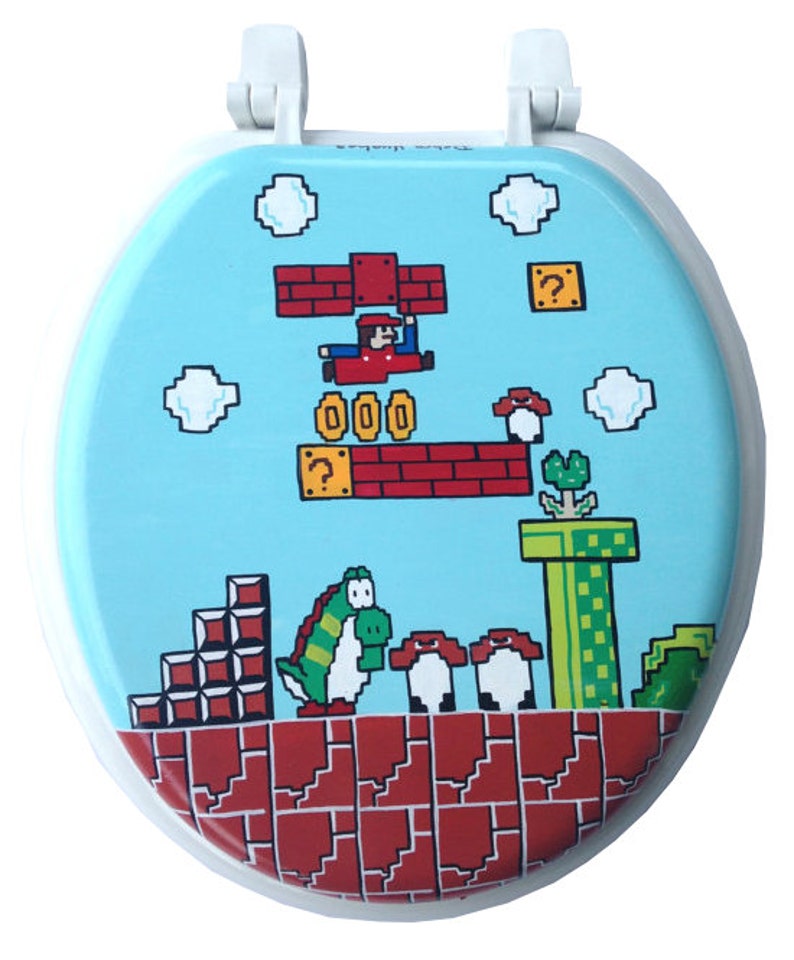 Mario Hand Painted Toilet Seat Nintendo 8 Bit Geekery Video Game Arcade Dad Grad Wedding Gift Bathroom Wall Art Decor Remodel image 1