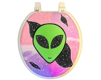 Alien Space Hand Painted Toilet Seat Stay Weird Bathroom Wall Decor Gift Outer Space