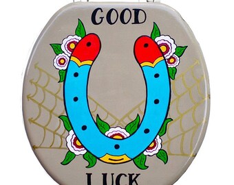 Horseshoe Tattoo Inspired Good Luck Toilet Seat Hand Painted Bathroom Wall Art Decor Remodel Wedding Birthday Grad House Warming Gift