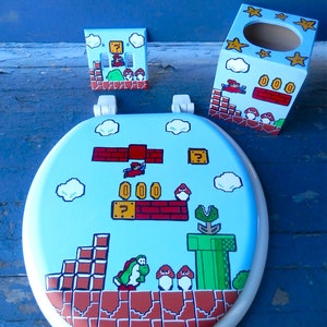 Mario Hand Painted Toilet Seat Nintendo 8 Bit Geekery Video Game Arcade Dad Grad Wedding Gift Bathroom Wall Art Decor Remodel image 3