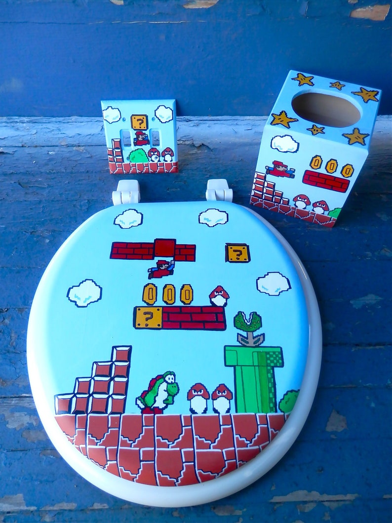 Mario Hand Painted Toilet Seat Nintendo 8 Bit Geekery Video Game Arcade Dad Grad Wedding Gift Bathroom Wall Art Decor Remodel image 3