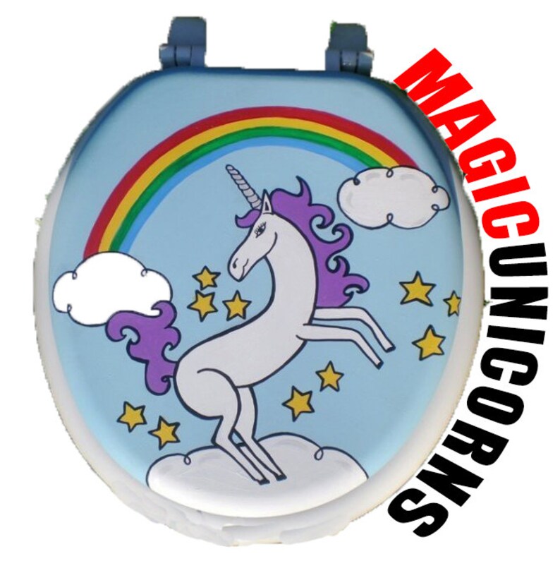 Unicorn and Rainbow Toilet Seat Hand Painted by Debbie is Adopted