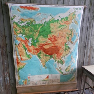 Vintage 1967 Physical Political Map of Asia Classroom School Dorm Homeschool Back to School