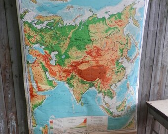 Vintage 1967 Physical Political Map of Asia Classroom School Dorm Homeschool Back to School