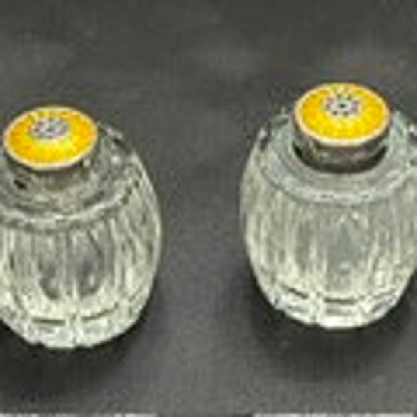 Vintage HUGO GRUN (Denmark) Crystal, Sterling Silver, and Guilloche (Yellow Enamel) Salt & Pepper Shakers - Set