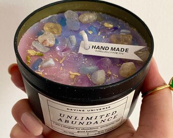 UNLIMITED ABUNDANCE Candle Manifestation Candle Crystals Blue Quartz Citrine Amethyst Vegan Soy Wax Spiritual Gift for her