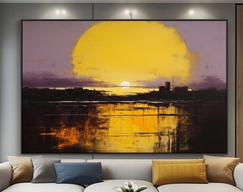 Großer Sonnenuntergang, Lila, Lila Himmel, 100 % handgemalt, Strukturgemälde, abstraktes Acryl-Ölgemälde, Wanddekoration Wohnzimmer, Büro-Wandkunst