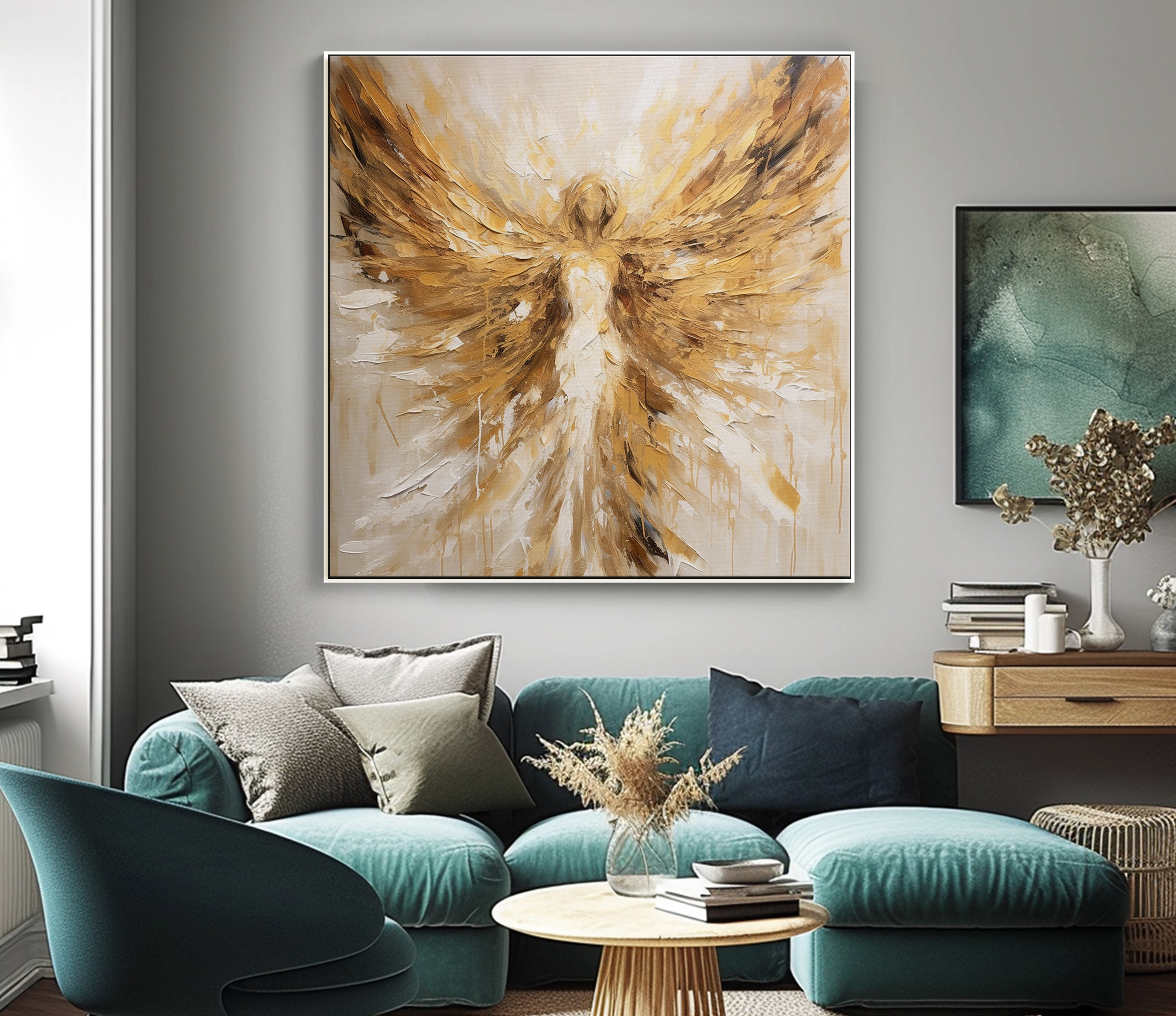 Angel Wings, Beige, Spritual, 100% Hand Painted, Textured Painting