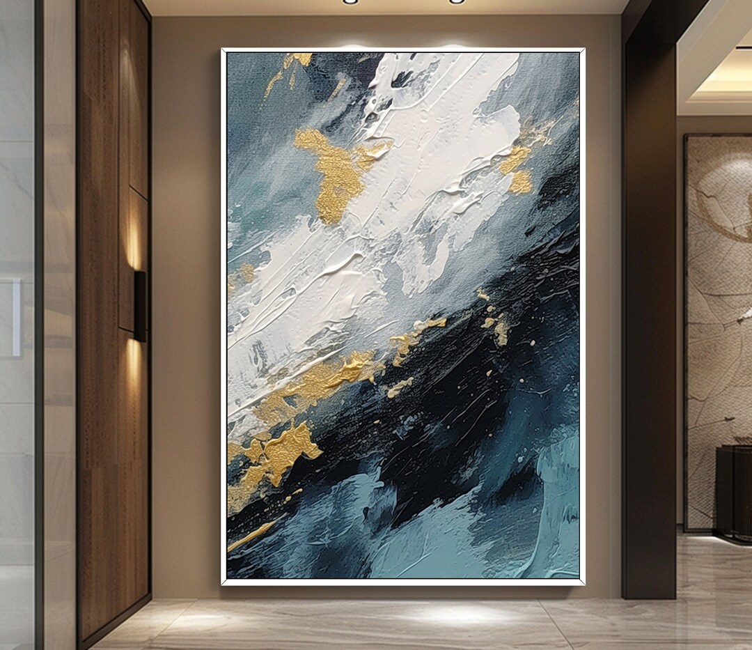 Textured Blue Gray, Gold Leaf, 100 Hand Painted, Textured Painting