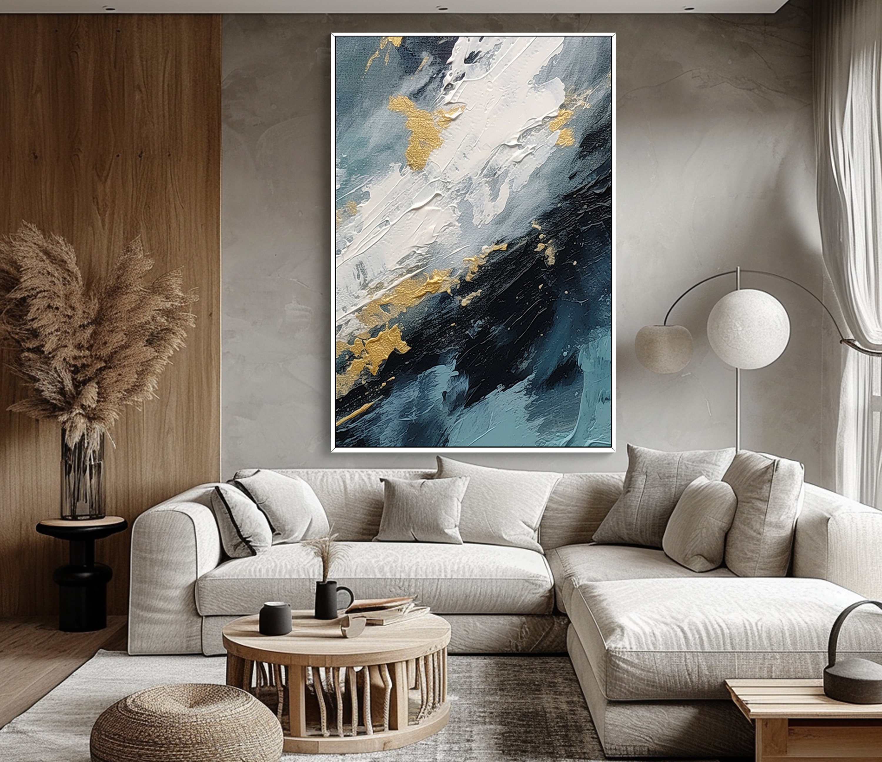 Textured Blue Gray, Gold Leaf, 100 Hand Painted, Textured Painting