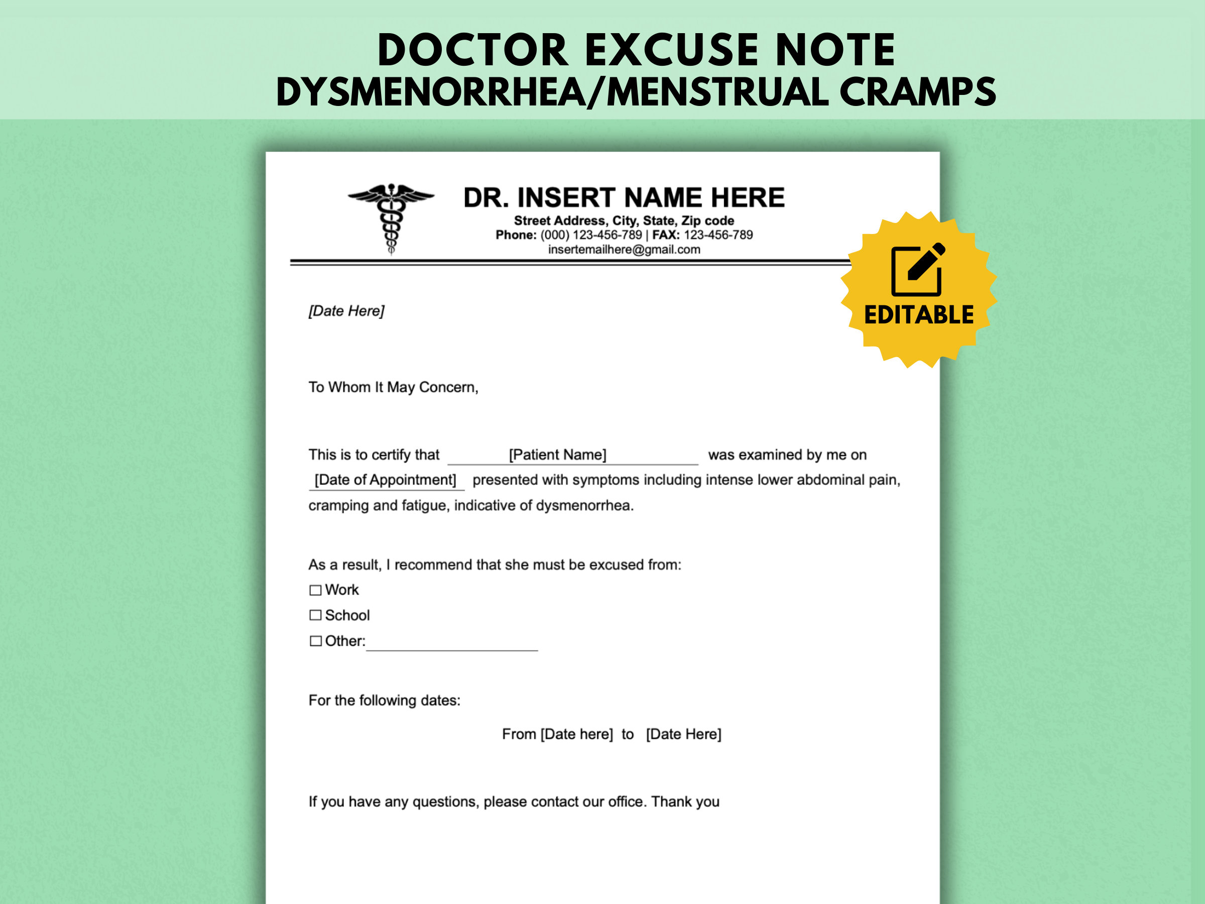 Doctors Excuse Note for Work Editable Physician Excuse Note Sick Leave ...