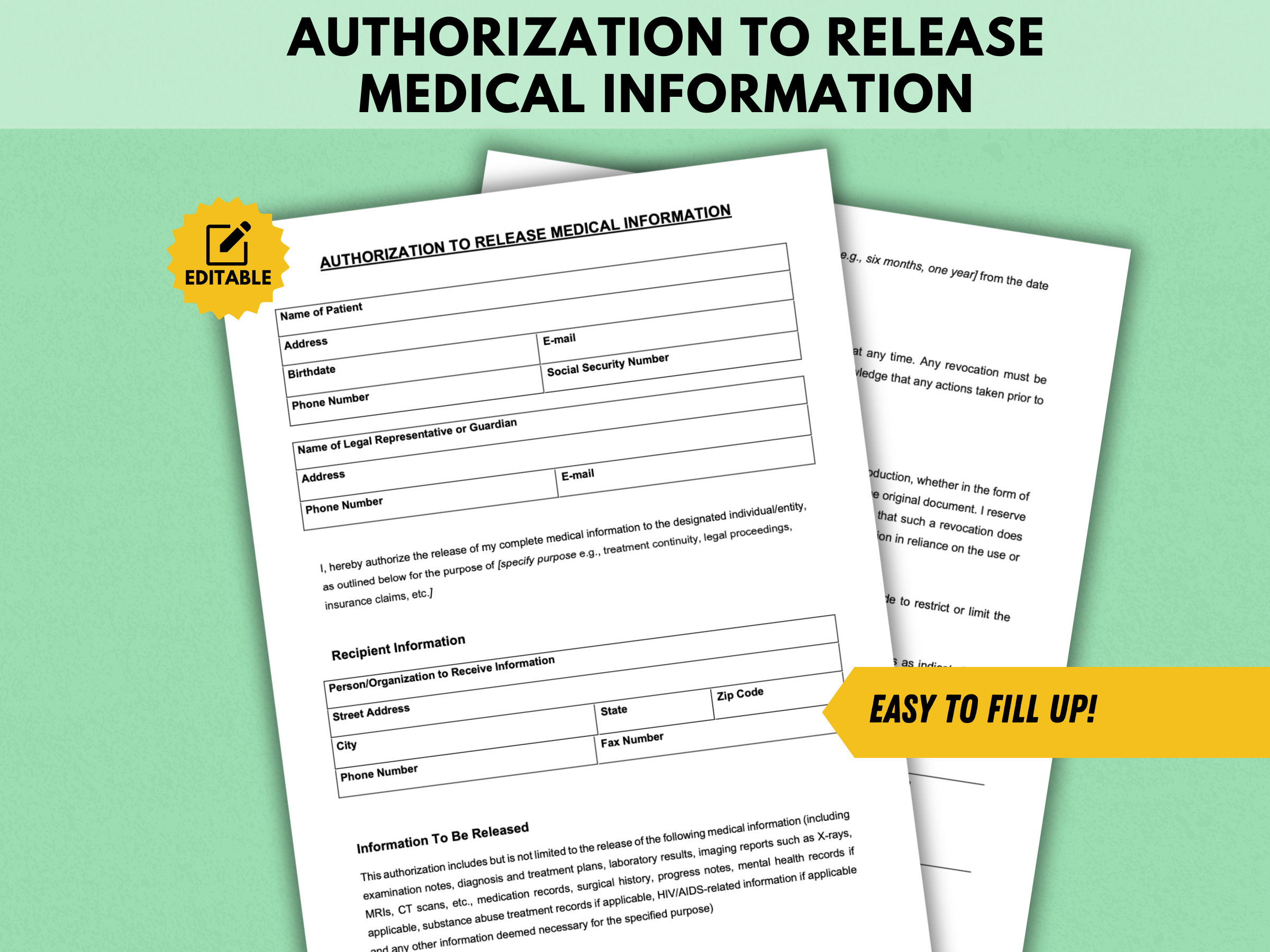Medical Information Release Form Hipaa Release Form Medical Records Consent Patient Information Medical Information Release Form Hipaa Release Form Medical Records Consent Patient Information
