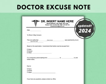 Doctors Excuse Note for Work Editable Emergency Excuse Note
