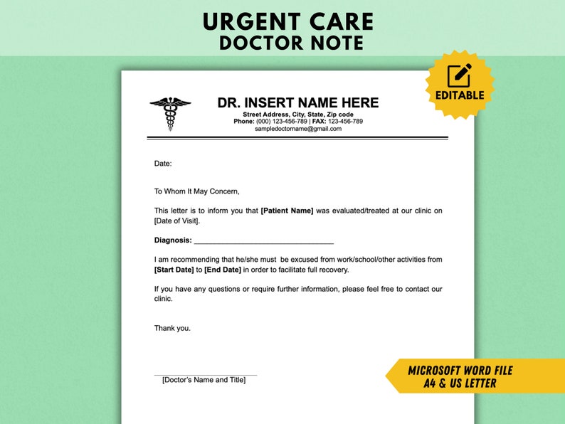Editable Urgent Care Doctor Note for Work & School, Doctor Excuse Note Editable Urgent Care Doctor Note for Work & School, Doctor Excuse Note