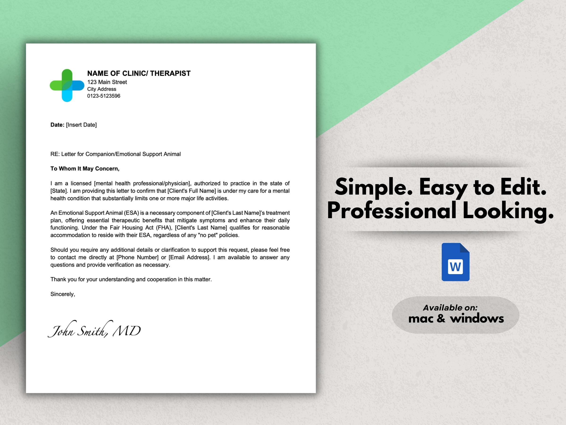 ESA Letter Template: Editable Emotional Support Animal Letter ...