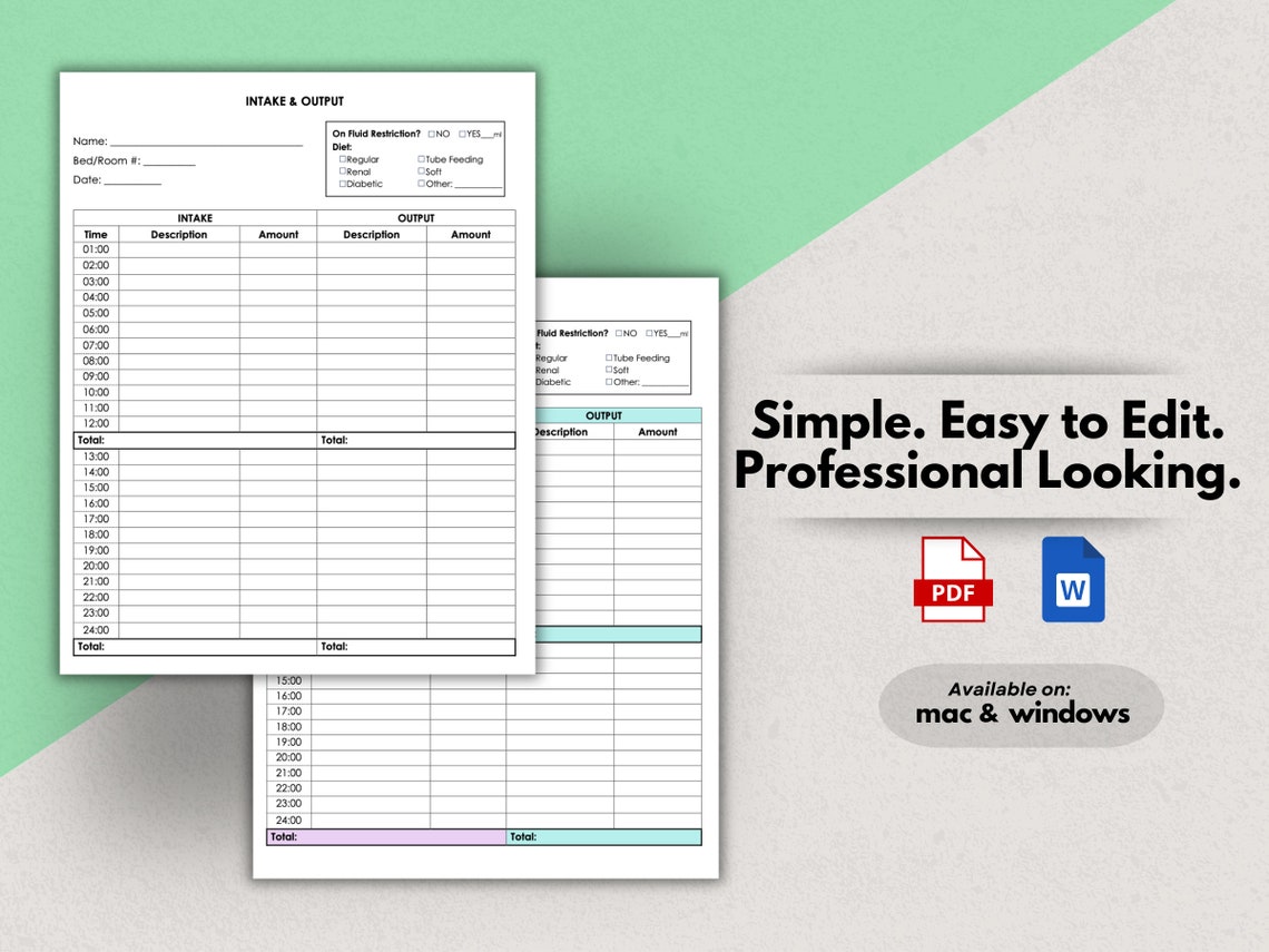 Fluids Intake and Output Record, Fluid Balance Chart, Intake and Output ...