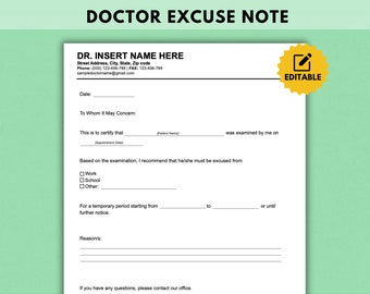 Plantilla editable de justificante médico para el trabajo o la escuela (descarga digital)
