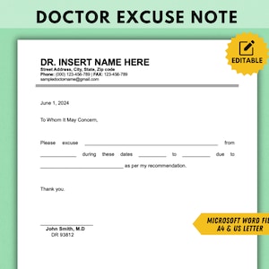 Nota médica editable para el trabajo y la escuela, carta de excusa médica, plantilla de nota médica, nota médica de atención de urgencia, nota médica de excusa imprimible
