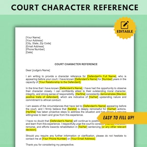 Plantilla de carta de referencia de carácter, carta de carácter judicial, carta de recomendación de carácter, carta de referencia de carácter judicial editable