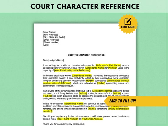 Court Character Reference Letter Template: Editable & Customizable (Microsoft Word Files)