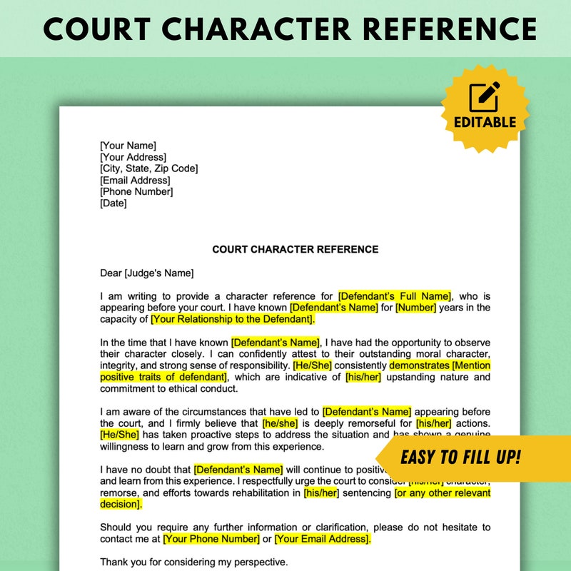 Character Reference Letter for Court - Etsy