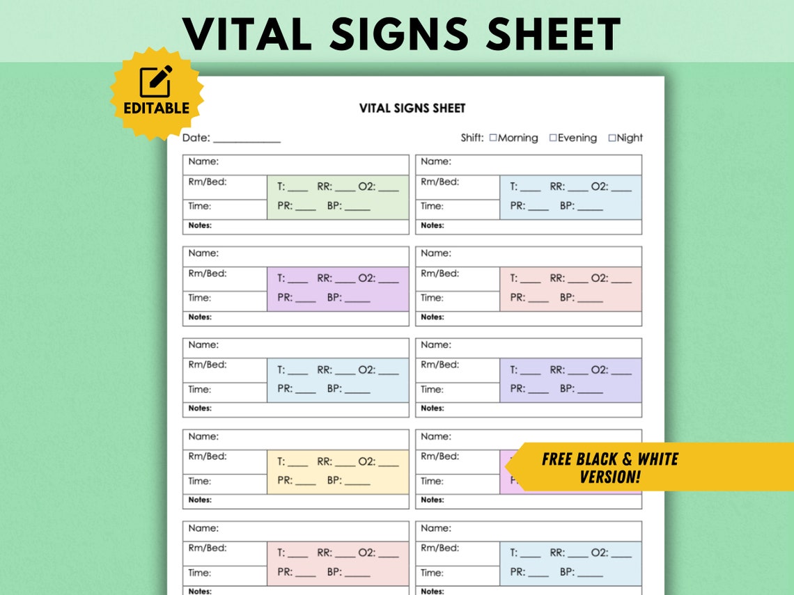 Vital Signs Monitoring Sheet, Nurse Notes Chart Template Printable Vital Signs Record Tracker ...