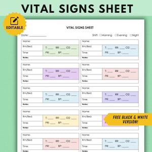 Vital Signs Monitoring Sheet, Nurse Notes Chart Template Printable Vital Signs Record Tracker Sheet for Nursing Student, Vital Signs Log
