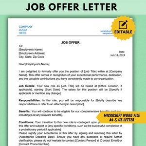 Plantilla de carta de oferta de trabajo profesional Carta de oferta de empleo Carta interna editable de Microsoft Word EE. UU., muestra de carta de oferta de trabajo simple