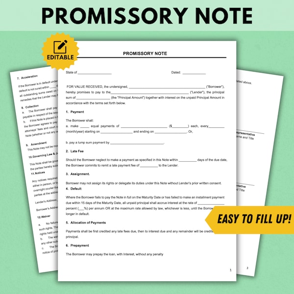 Decorative Promissory Note Form.pdf Promissory Note Template - Etsy