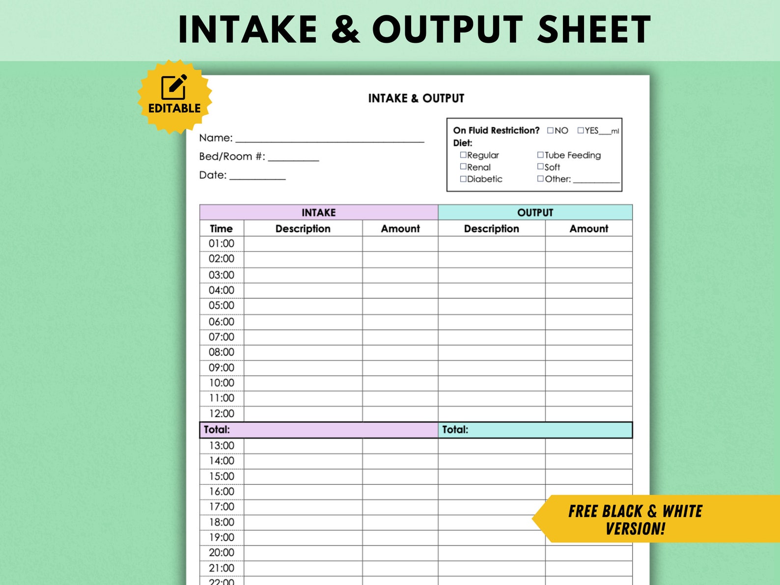 Fluids Intake and Output Record, Fluid Balance Chart, Intake and Output ...