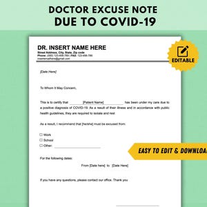 Plantilla de nota de excusa médica debido a Covid Plantilla de nota de excusa médica editable para Covid-19 Nota de excusa para el trabajo Nota de excusa médica debido a Covid