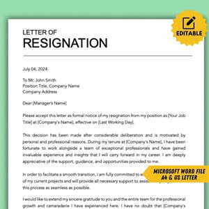 Plantilla de carta de renuncia profesional, carta de renuncia, aviso con 2 semanas de anticipación, plantilla de carta de renuncia simple, Microsoft Word editable