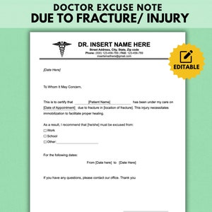 Nota médica rellenable para el trabajo, nota de excusa médica por fractura/lesión, carta de excusa médica, nota de excusa escolar, excusa médica en formato Word y PDF