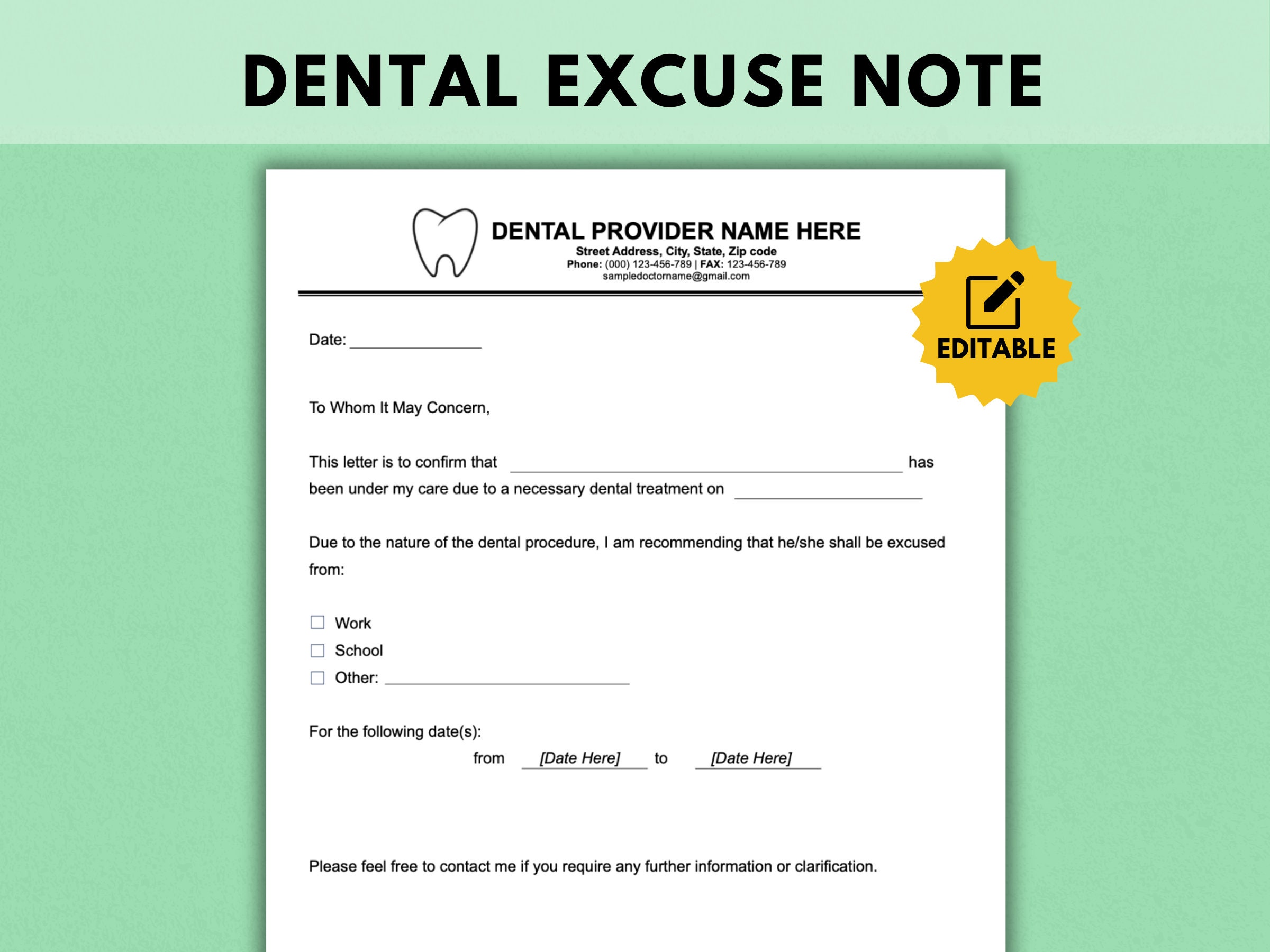 Dentist Excuse Note Template Dental Medical Excuse Note Instant Dentist Excuse Note Template Dental Medical Excuse Note Instant