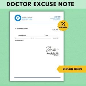 Nota médica editable, nota de excusa médica, nota médica para el trabajo, plantilla de excusa médica, carta de excusa médica para la escuela, nota de excusa médica