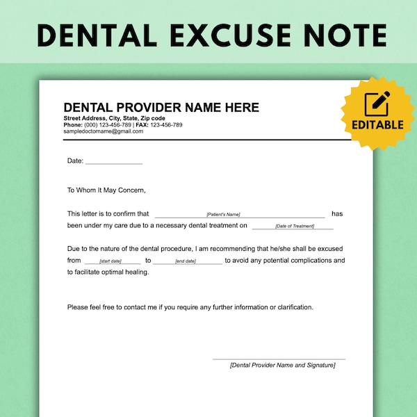 Dentist ExcuseNote Template Orthodontic  Medical Excuse Note Instant Download Editable Template for Dental Medical Certificate Fillable